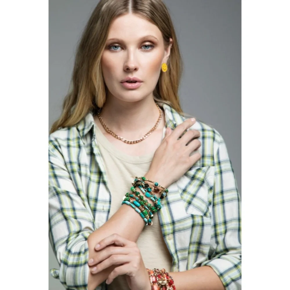 Green Hidden Valley Multi Layer Natural Stone Charm Boho Stretch Bracelet Set - Picture 4 of 5